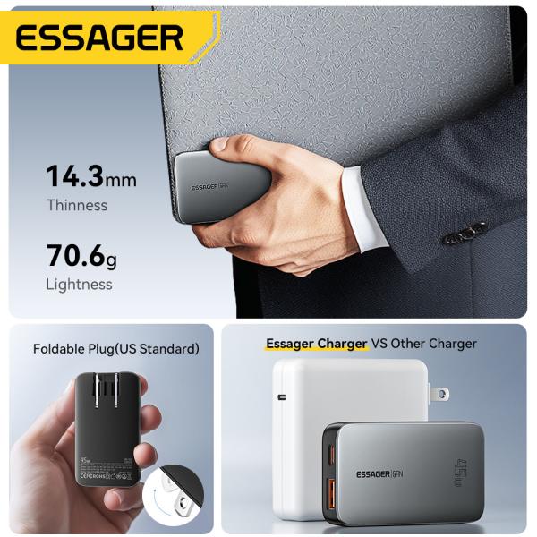 ESSAGER ES-CD48 Series 2 Ports 45W Type C Quick USB Fast Charger with ABS Material