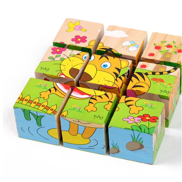 Baby Wooden Block Toys Animal Fruit Early Learning Six Side 3D Cube Jigsaw