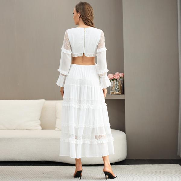 Balloon Sleeves Ladies Lace Dresses Lace Trim Midi Dress OEM service