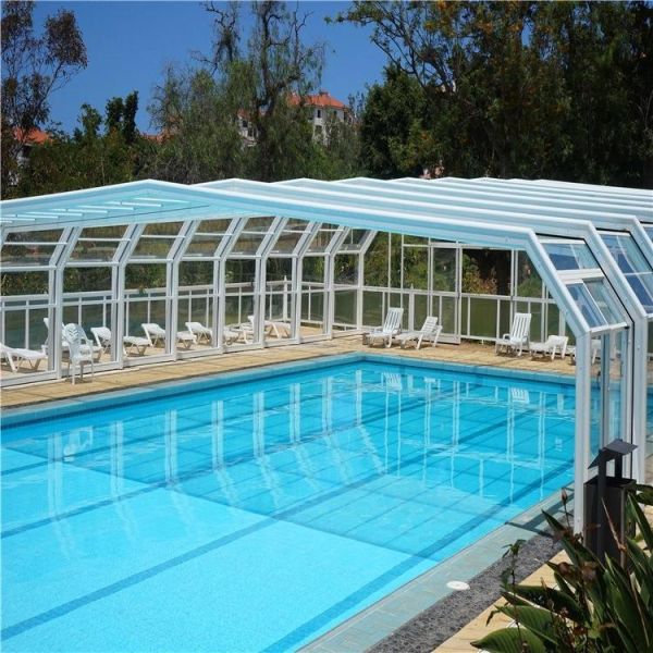 Custom Retractable Electric Glass Roof for Swimming Pool Aluminum Sunroom Automatic Slide Pool Cover Flat for Hotels Apartments