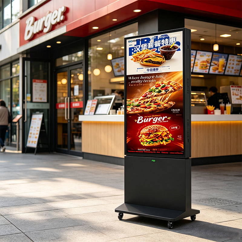 Dual-Sided Battery Powered Outdoor Digital Signage with 14-Hour Runtime and Wheeled Movable Design