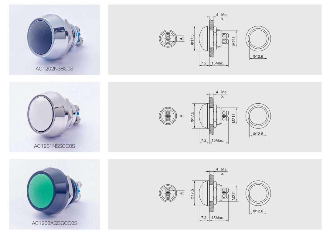 AC Series 2A 250V IP65/IP67 Stainless Push Button Switch 1NO1NC Combination And LED