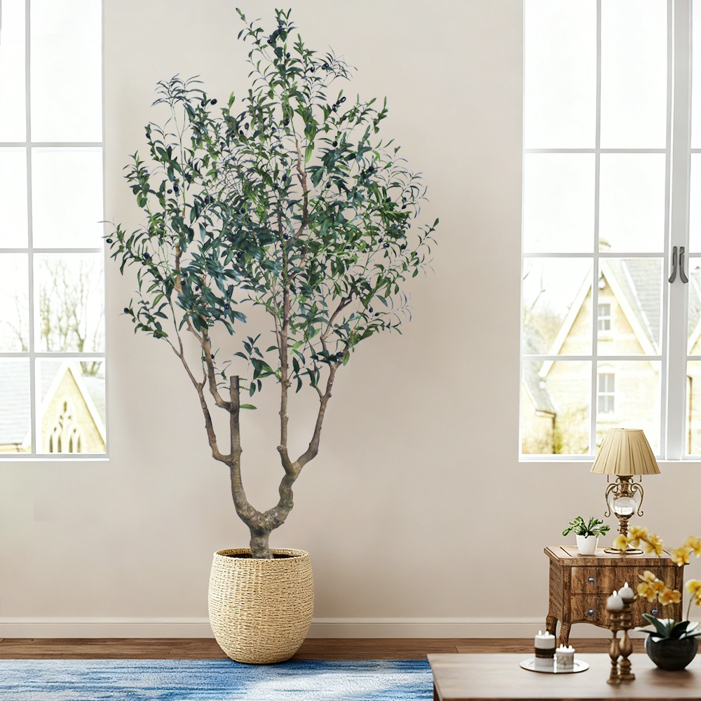 Large Artificial Olive Tree with Real Wood Trunk - 7FT & 8FT Sizes for Hotel Lobby & Luxury Villa Entrance Decor