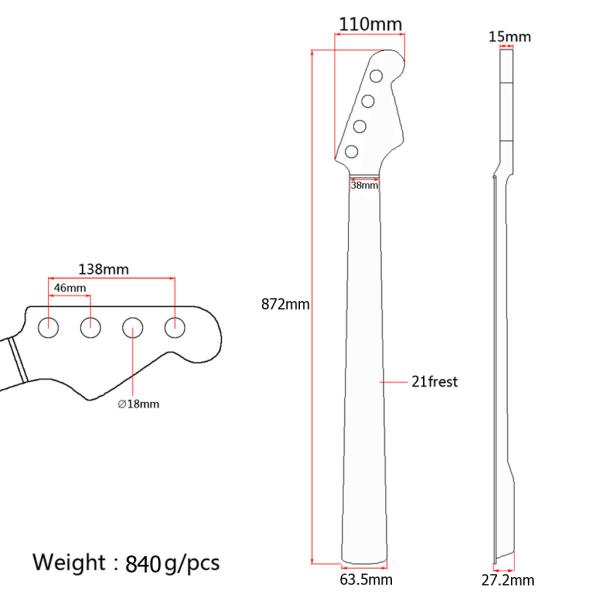 Pescoço de guitarra de baixo Maple 21 Frets com incrustação de ponto branco 34,33 polegadas Pescoço de guitarra de substituição
