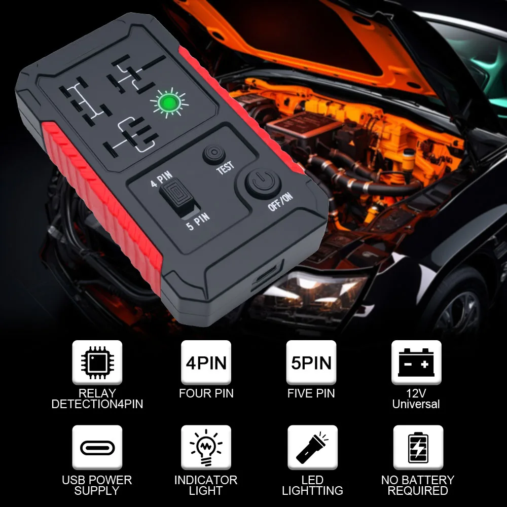 12V Automotive Relay Tester with USB Power Supply and LED Indicator - Portable Car Relay Checker for 12V Systems