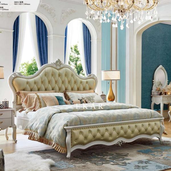 European Style Leather Upholstered King Size Frame Antique Bed