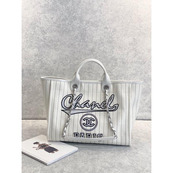 30cm 23P Chanel Deauville Tote Bag White Ecru Black Stripe