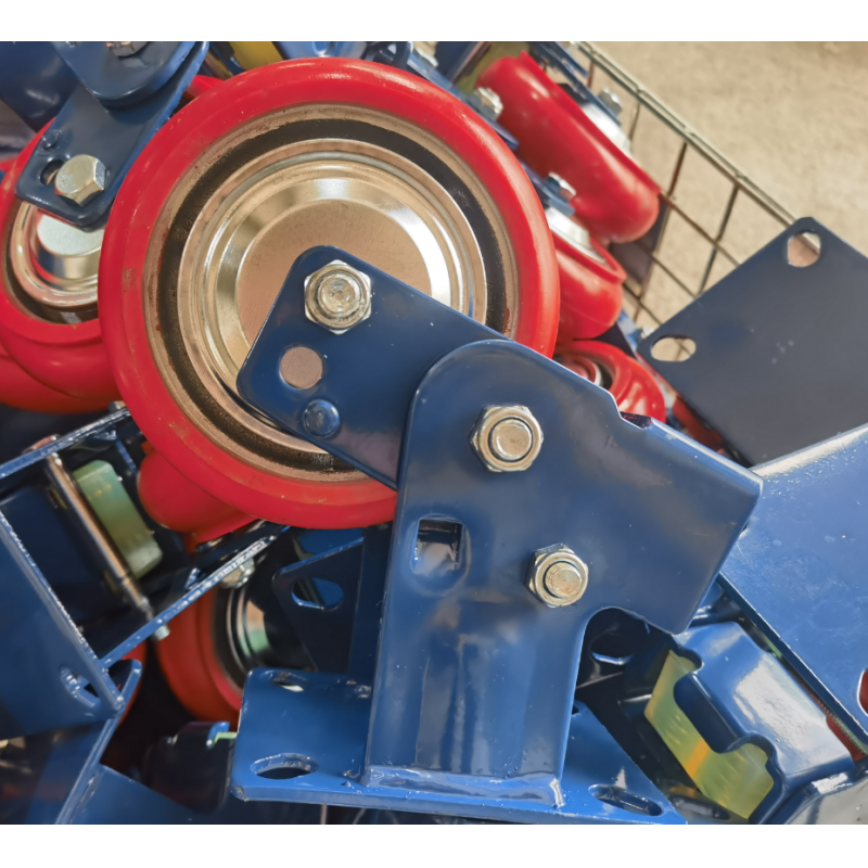 Korean Shock-Absorbing Cast Red  Dual Spring  Iron Core Polyurethane Swivel Caster With Brake For Vehicle Automotive  Packaging Liness