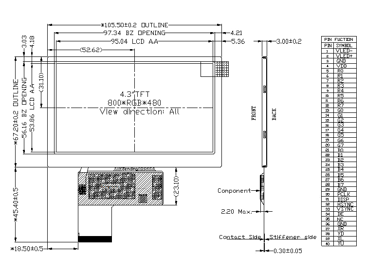 4.3 дюймовый ЖК-ТФТ дисплей, 800х480, 24 битовый интерфейс RGB/40PIN, свободный угол просмотра