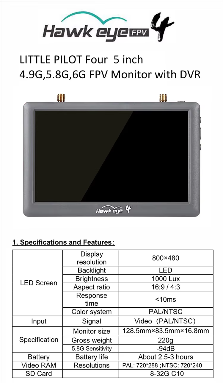 Hawkeye Little Pilot 4 5.8G 48CH Diversity Dual Receiver 5inch 800X480 700LUX Built-in DVR FPV Monitor For RC Drone Vehicle