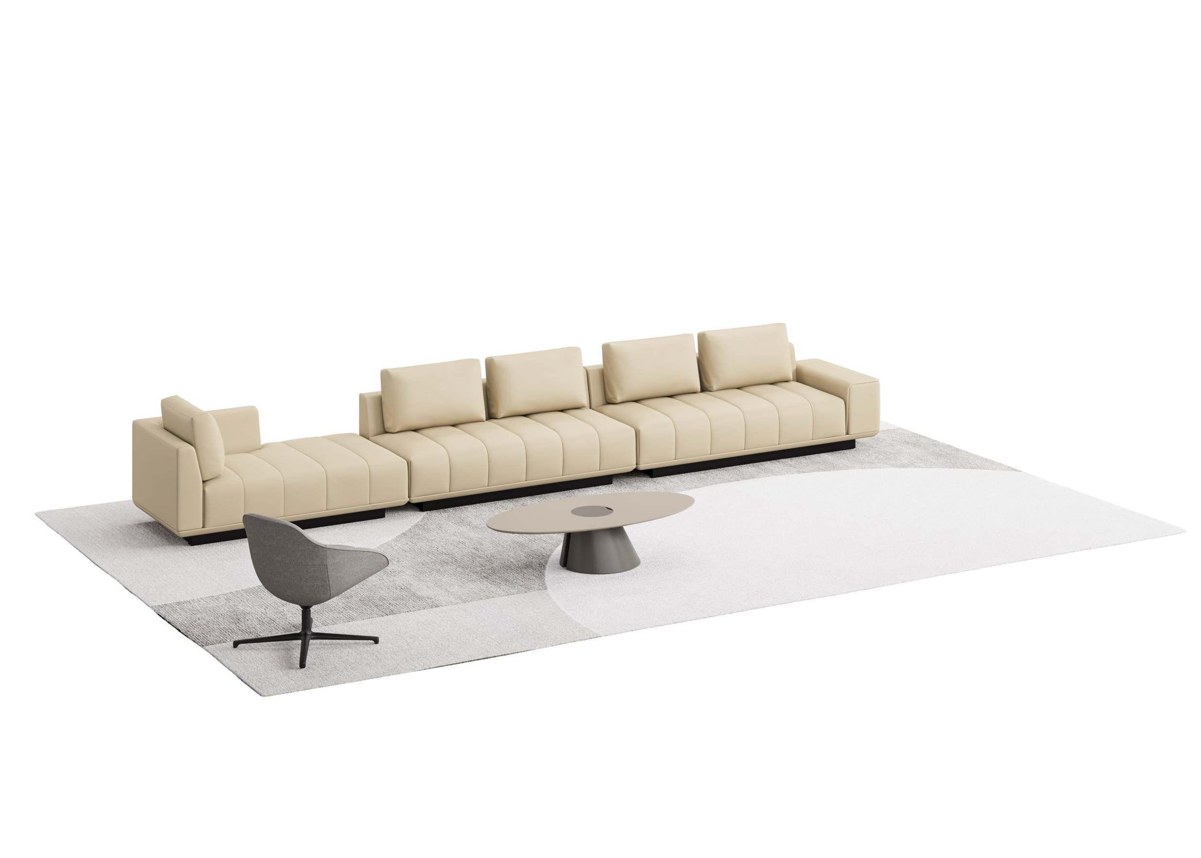 Star II Lounge Sofa Modular with Light Leather, Dark North American Walnut, and Double C-shaped Legs