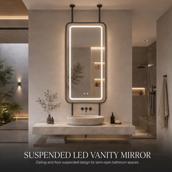 Kingstin Stainless Steel Suspended LED Bathroom Mirror for Semi-Open Vanities, 3 Color Temperature, Anti-Fog, Custom Rods