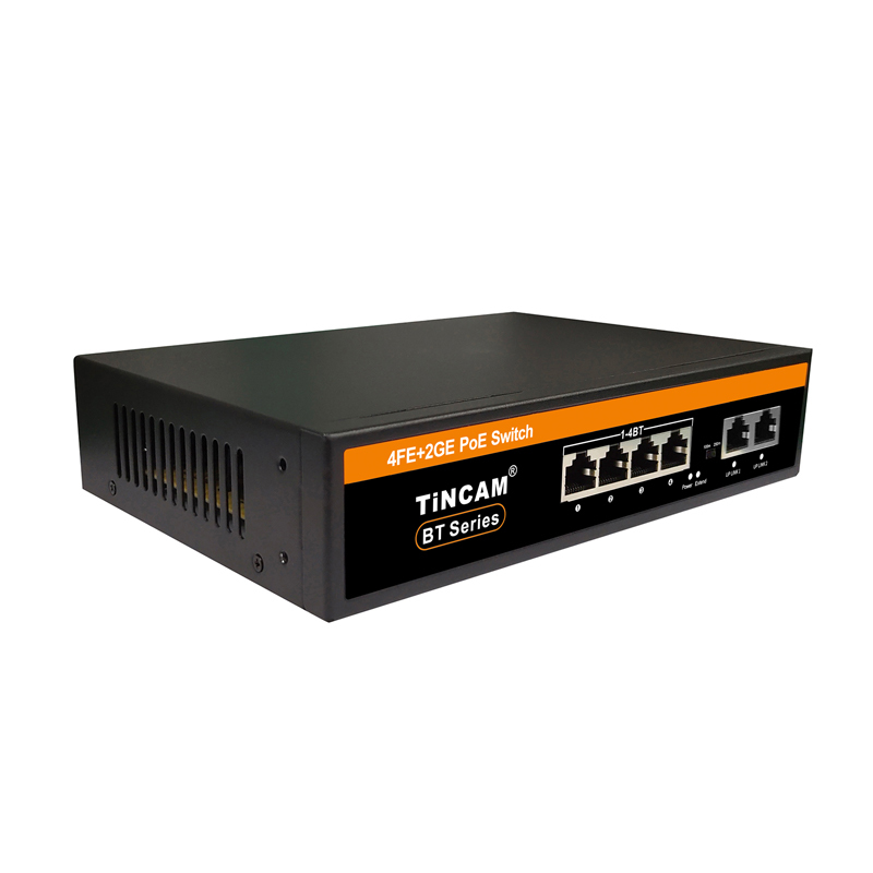 6 Port Gigabit PoE++ Switch 4 PoE Ports 2 Uplink RJ45 Ports IEEE 802.3af at bt 120W PoE Budget Desktop Metal Case TBC-PSD4506N
