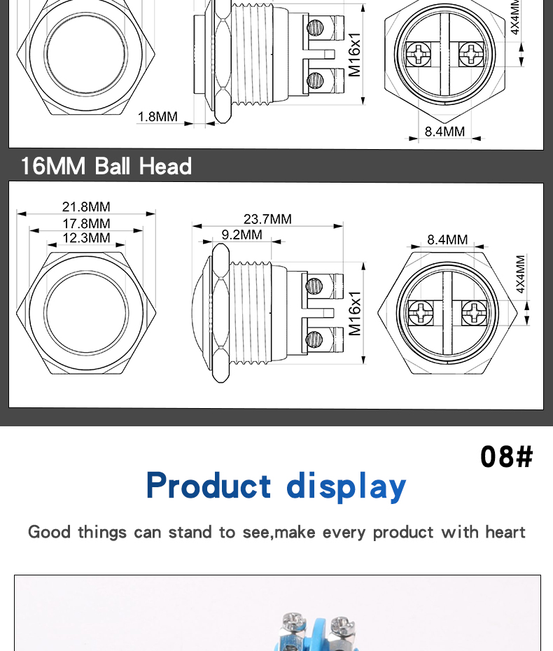 16MM Metal Push Button Switch No LED Self-Reset Momentary With Screw Foot Welding Foot High/Flat/Ball Head 1NO Jog Switch