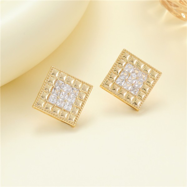 Jiexing Trendy Waffle Earrings 5A Zircon High Quality Women Earrings Square S925 Silver Needle Stud Earrings