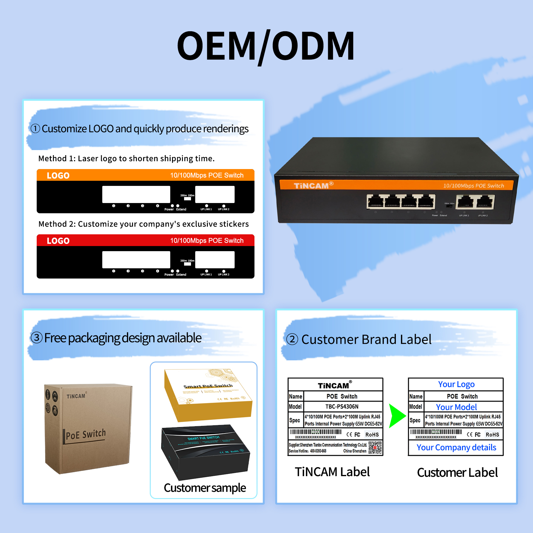 6 Port Fast Ethernet PoE Switch 4 PoE Ports 2 Uplink Ports 10/100Mbps Unmanaged IEEE 802.3af/at 250m Extend Metal Case TBC-PS4306N