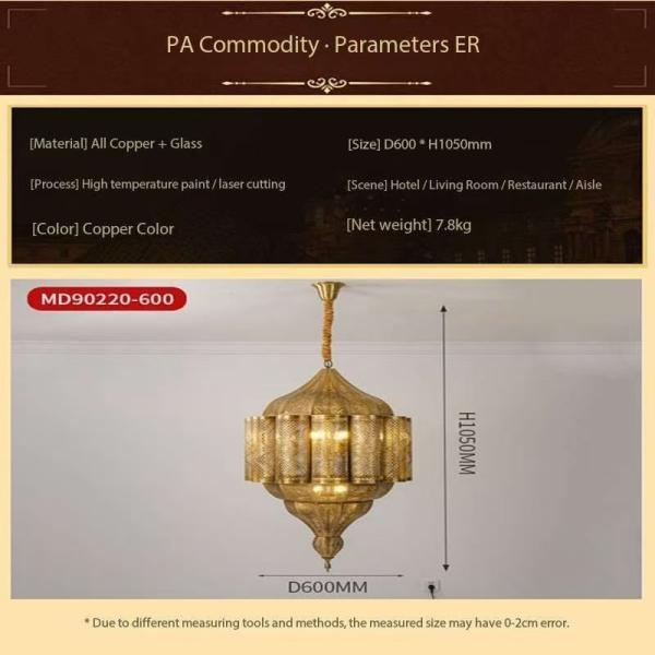 Arabic Hollow Art Vintage Copper Chandelier AC 220V 3500K Color Temperature