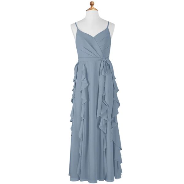 Fashionable A-Line Chiffon Dusty Blue Floor-Length Junior Bridesmaid Dress Cascading Ruffles Princess Spaghetti Straps