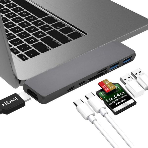 7in1 USB-C Hub Dual Adapter Multiport Card Reader 4K  Type-C For MacBook Pro Dual USB-C PD 3.0 Type-C SD Thunder