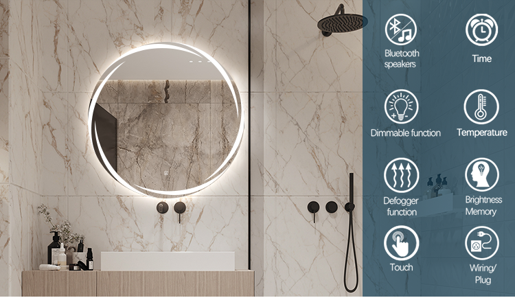 5mm Hotel Mirrors Wall Mounted Round Lighted Vanity Bathroom Mirror