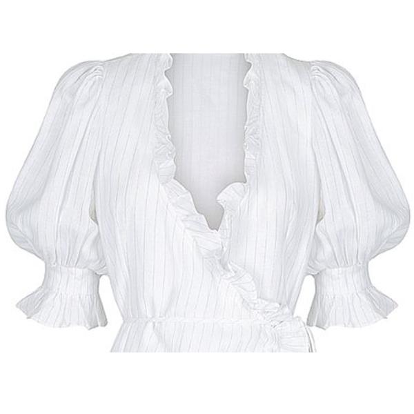 Linen Puff Sleeve Wrap Midi Elegant Dress Cotton Ladies