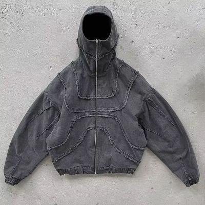 Custom Washed Denim Hoodie Jacket Reverse Stitch Face Masked Ninja Zip Up Hoodie