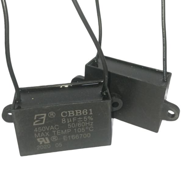 8.0mfd CBB61 450V Max Temp 105℃  Ceiling Fan Capacitor With 100 Line Length