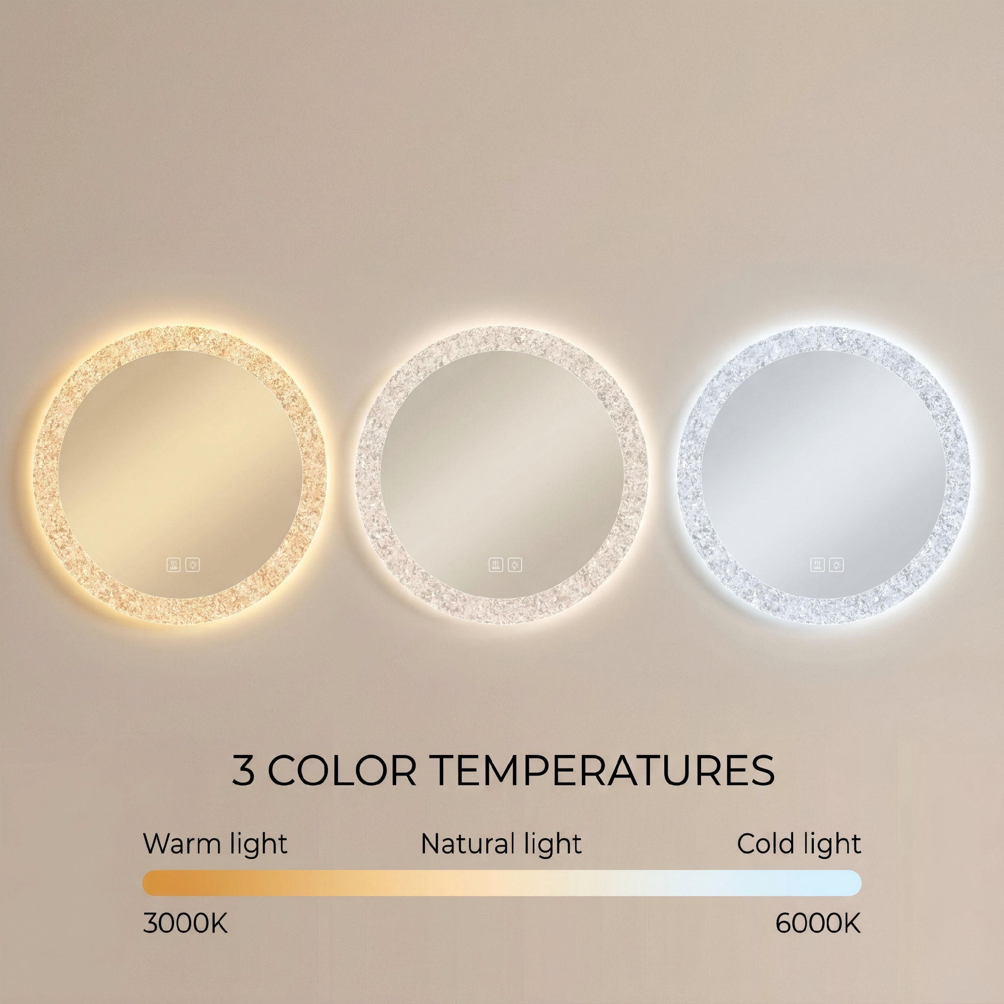 Kingstin Smart Round LED Bathroom Mirror, Frameless Crushed Diamond Edge, 3 Color Dimmable, Anti-Fog Wall Makeup Mirror