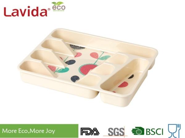 BPA FREE LFGB FDA Reusable Bamboo Fibre Tray Rectangular Melamine Flatware Tray PP Flatware Case with decal printing