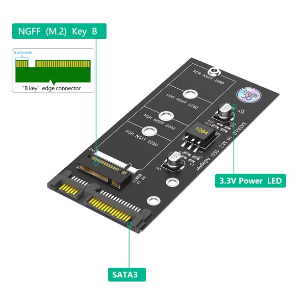 M.2 NGFF to SATA Adapter Card B Key/B & M Key SSD Converter for 2.5 Inch SATA III with 6Gbps Transfer Rate