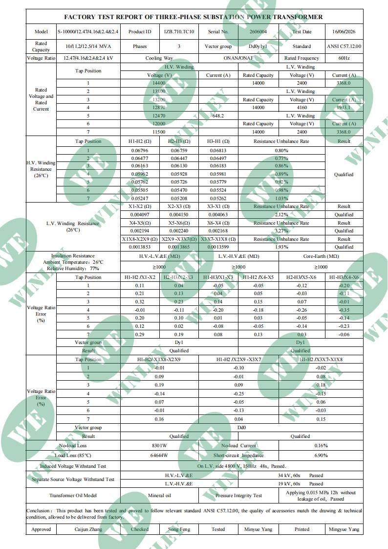 Multi-Capacity Multi-Voltage 10/11.2/12.5/14 MVA Oil Immersed Substation Power Transformer 12470V to 2400D 4160Y/2400V ONAN/ONAF ANSI/IEEE Standards