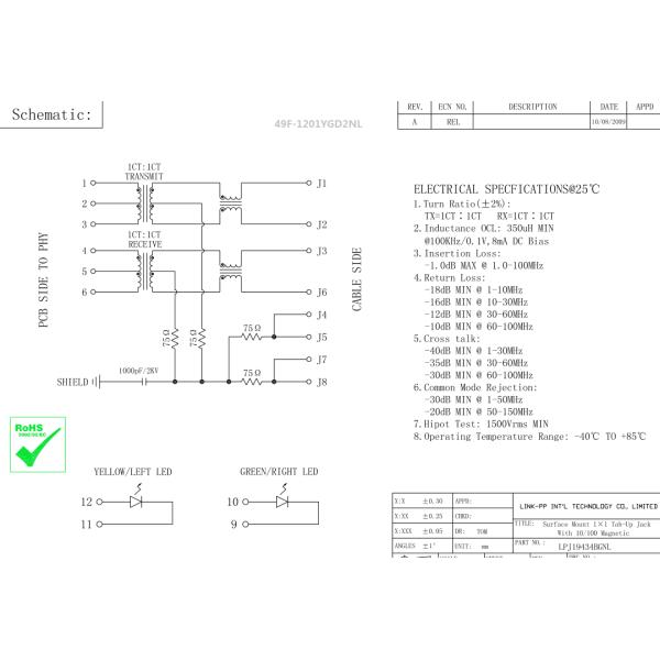 49F-1201YGD2NL LAN interface SMT RJ45 Connector Industrial Modules LPJ19201BGNL