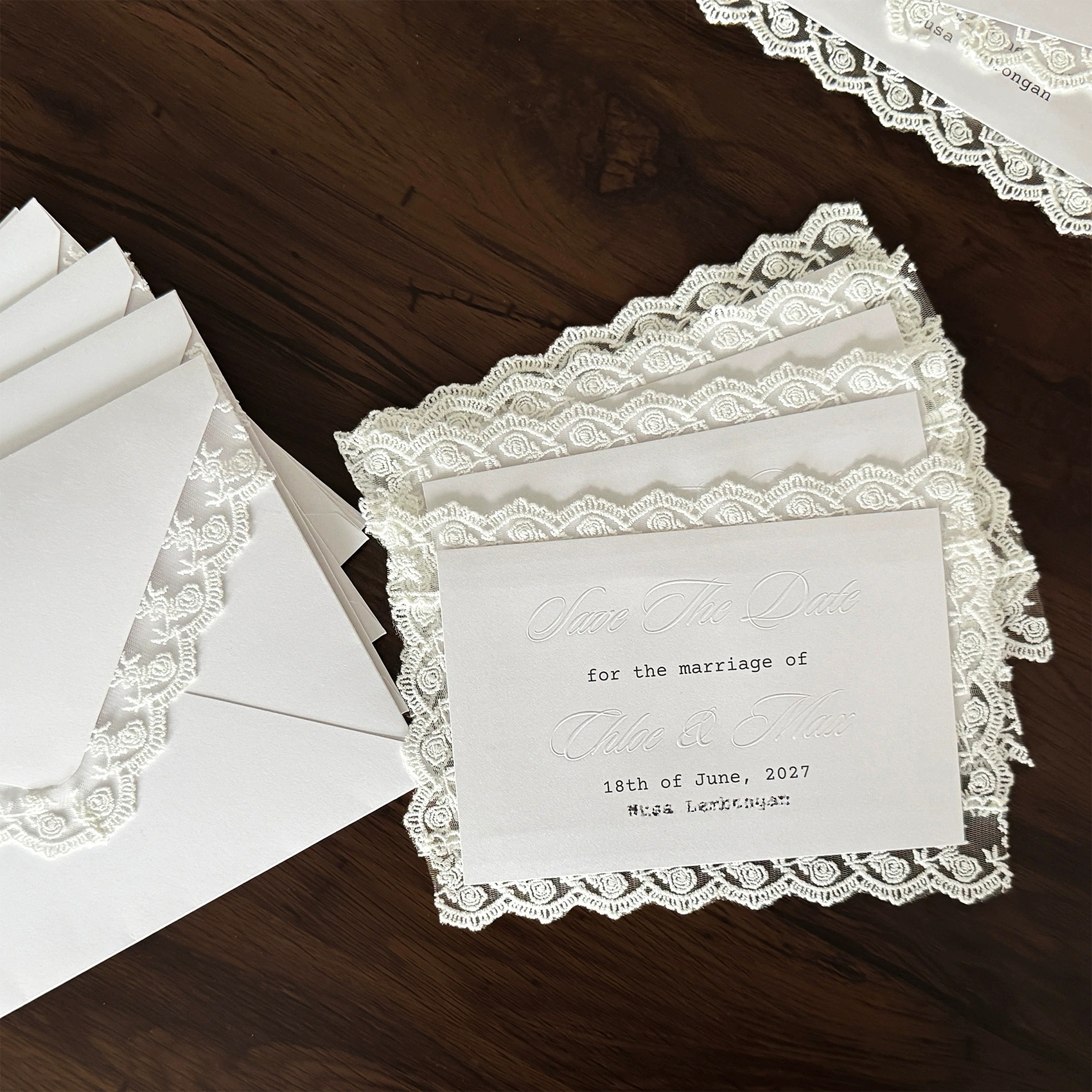 Wedding Invitation Card Sets With Elegant Lace Trim And Embossed Details
