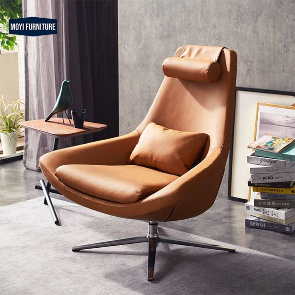 Leather Wood Metal Nordic Single Sofa Chair Seat Modern Simple Creative Leisure Swivel Chair Designer Living Room Bedroom