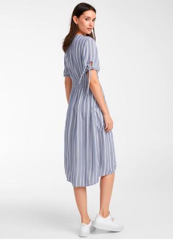 V Neck Light Color Custom Womens Dresses Striped With Single Breasted Buttons