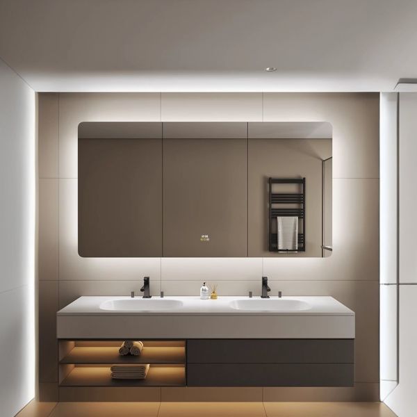 Kingstin Modern Aluminum Bathroom Mirror Cabinet LED Backlit Smart Vanity Mirror With Cosmetic Storage Rack