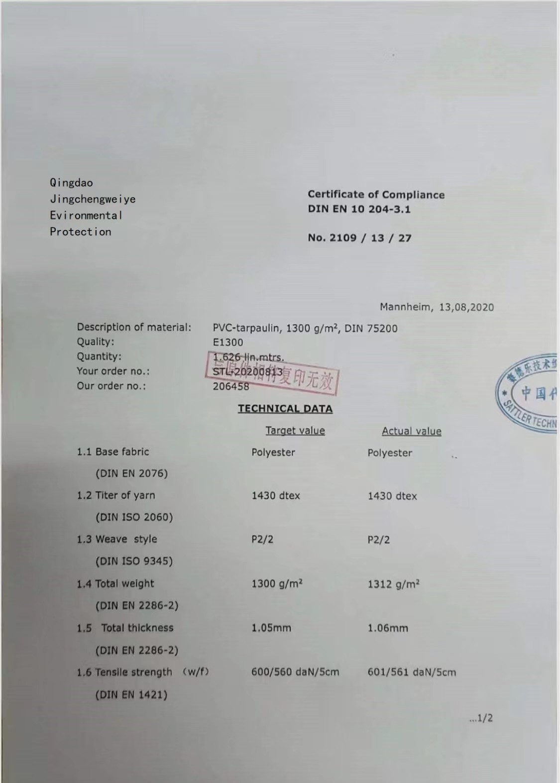 Qingdao Jingcheng Weiye Environmental Protection Technology Co., Ltd Сертификации