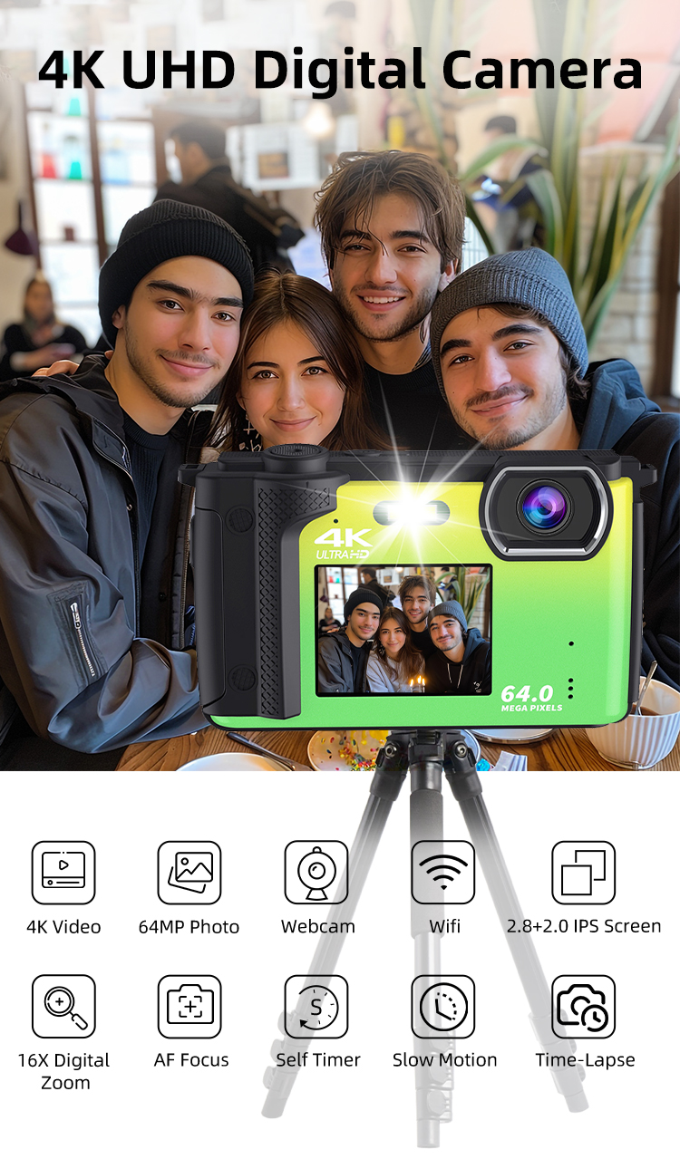 Newest 4K HD Digital Camera 2.8+2.0'' Dual IPS Screen Auto Focus 16X Digital Zoom Webcam Wifi Vlog Camera  for Photography