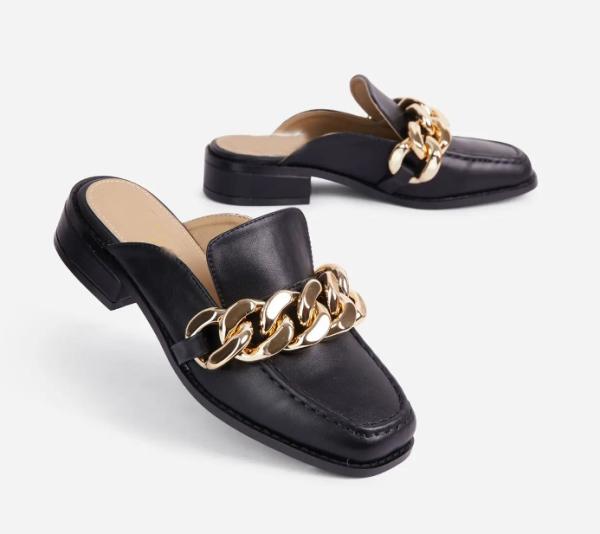 JBSL19 BLACK Womens Soft Bottom Slippers Smooth Leather With Big Chain