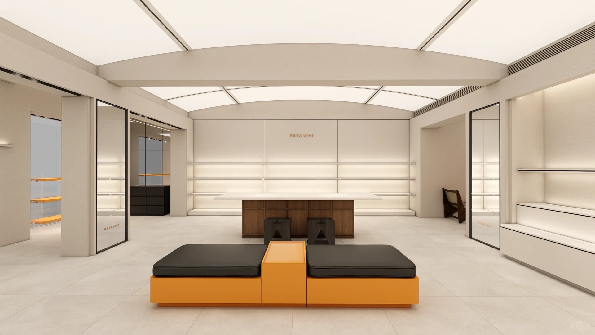 ream Arch Minimal Women Clothing Store Interior Design | Warm Neutral Ladies Garment Full Shop Layout