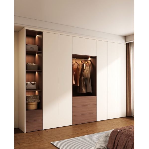 Two-Tone Cream & Walnut Handle-Free Floor-To-Ceiling Wardrobe With Backlit Open Storage Nooks