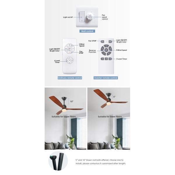 Fashion Adjustable 65W 60 Inch 3 Blade Ceiling Fan Light 1500lm