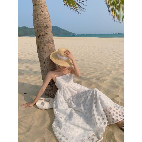 Sexy Back Tie Strap 115cm White Sleeveless Beach Dress Mid Length