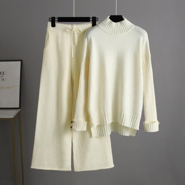Women s Pullover with Pullover Closure and Hand Wash Care Instructions High necked knitted sweater and pants set