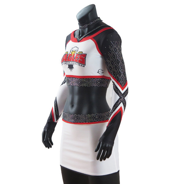 Breathable Rhinestones Cheerleader Crop Top And Skirt Red / White / Black Color