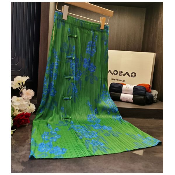 Original Design Pleated Chinese Style Disc Half Skirt 2024 Printed Pleated Skirt Wrap Slit Summer Skirt