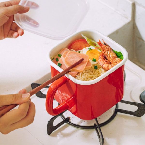 Eco Friendly 390g Kitchenware Enamel Square Pot With Frying Basket Daily Use