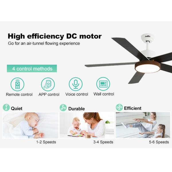 Ventilador de teto LED de controle inteligente com lâmina de MDF de 52 polegadas e potência de motor de 35/60W