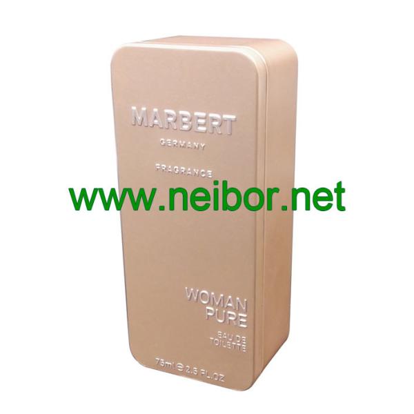 Accept Custom Order Rectangular Shape Metal perfume Gift can Women Fragrance Tin Box with flocked tray embossing Logo