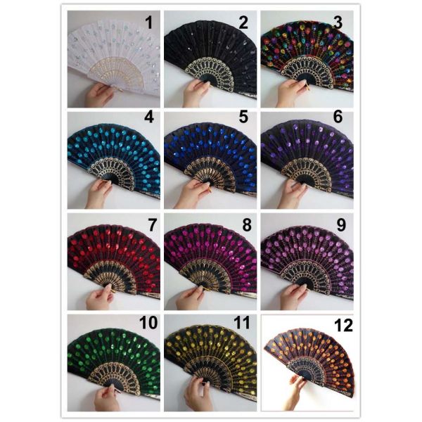 [I AM YOUR FANS] Embroidery Sequin Hand Fan Classic Plastic Frame Fabric Dancing Hand Fan for Holiday Events Wedding